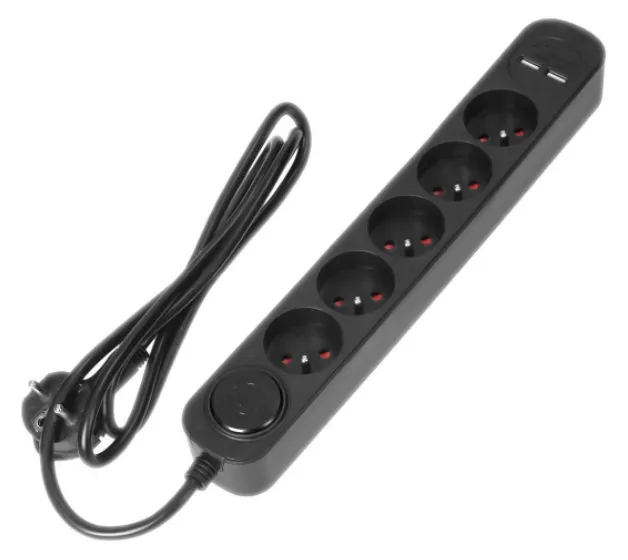 Überspannungsschutzleiste, 5 Steckdosen 2P+Z, Kabel 3x1,0mm2, Länge 1,5m, mit zweispuriger Leuchttaste. 10A/230 VAC, Überspannungsschutz, 2xUSB 2.1A Ladegerät. Flachstecker