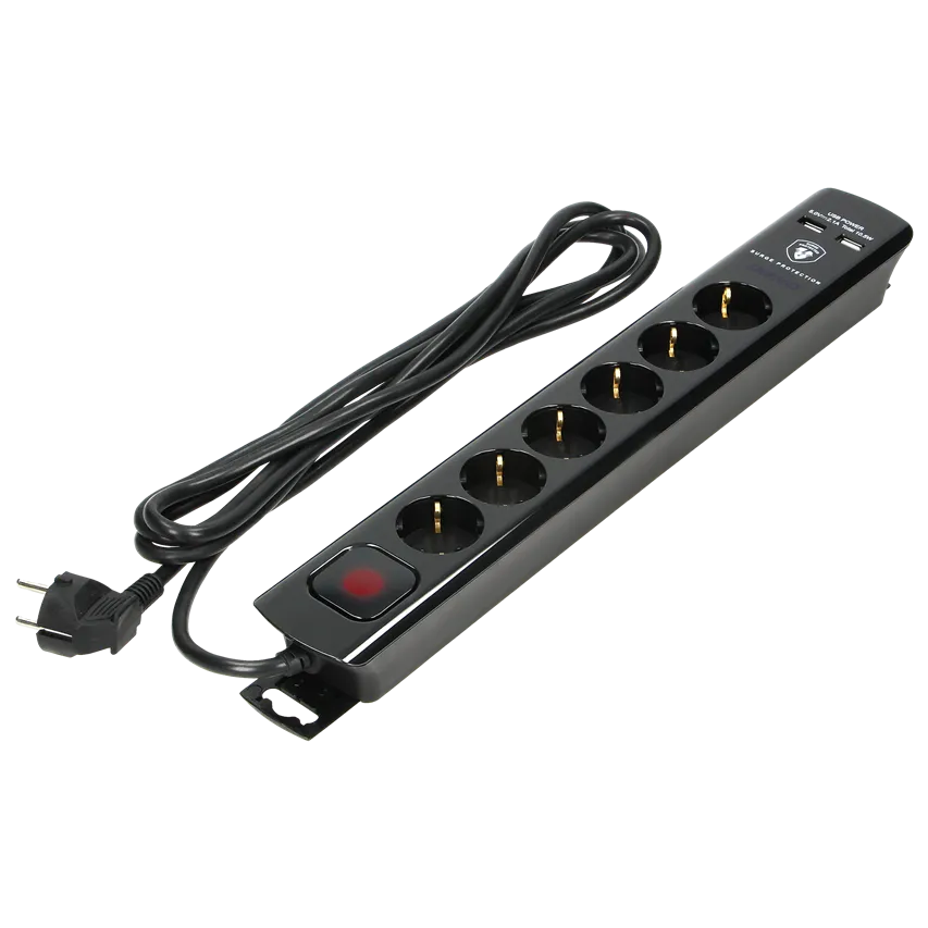 Überspannungsschutzleiste, 6 Steckdosen 2P+Z (Schuko), Kabel 3x1,5mm2, Länge 3m, mit beleuchtetem Doppelschalter. 16A/230VAC, 2xUSB 2.1A Ladegerät, schwarz