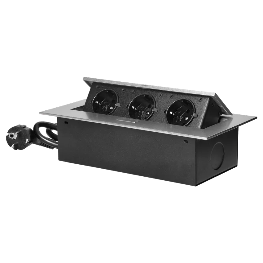 Unterputz-Möbeldose 3x2P+Z (Schuko), Kabel 1,5 m 3x1,5mm2, silber