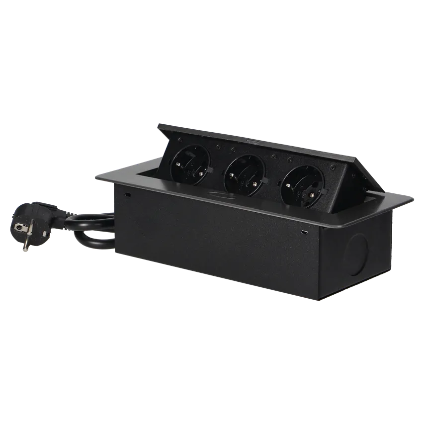 Unterputz-Möbeldose mit Flachfräsung und 1,5 m Kabel, 3x2P+Z (Schuko), graphit