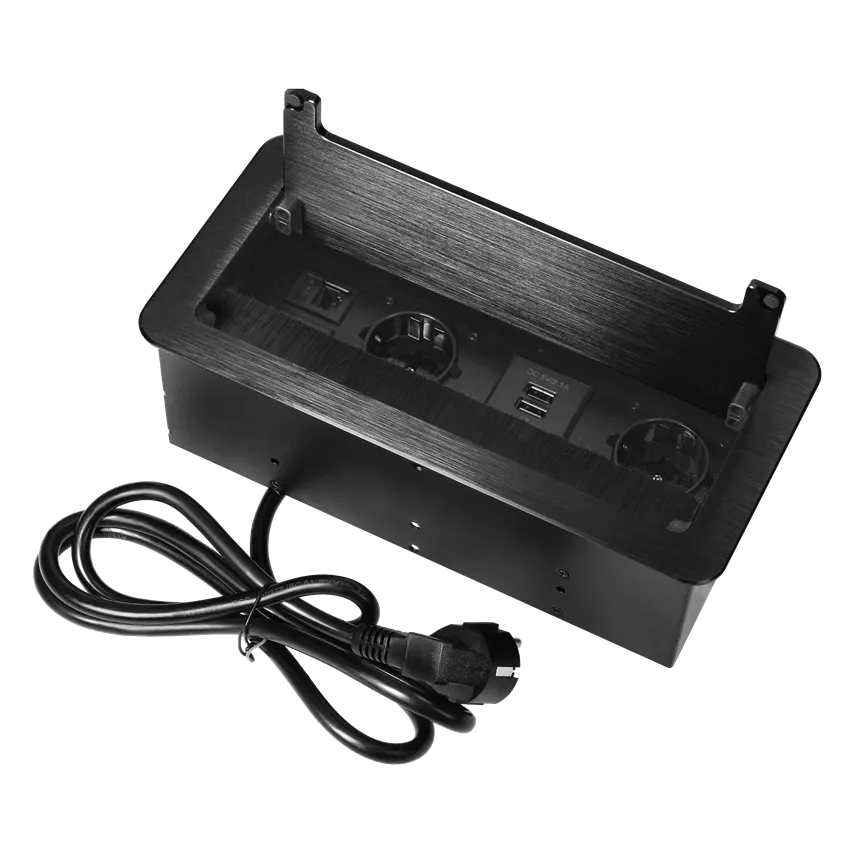 Unterputz-Möbeldose mit flach gefrästem Rand, Staubpinsel, Bodenplatte, USB-Ladegerät und 1,5 m Kabel, 2x2P+Z (Schuko), 2xUSB (Typ A, 2,1A), 2xNET, schwarz