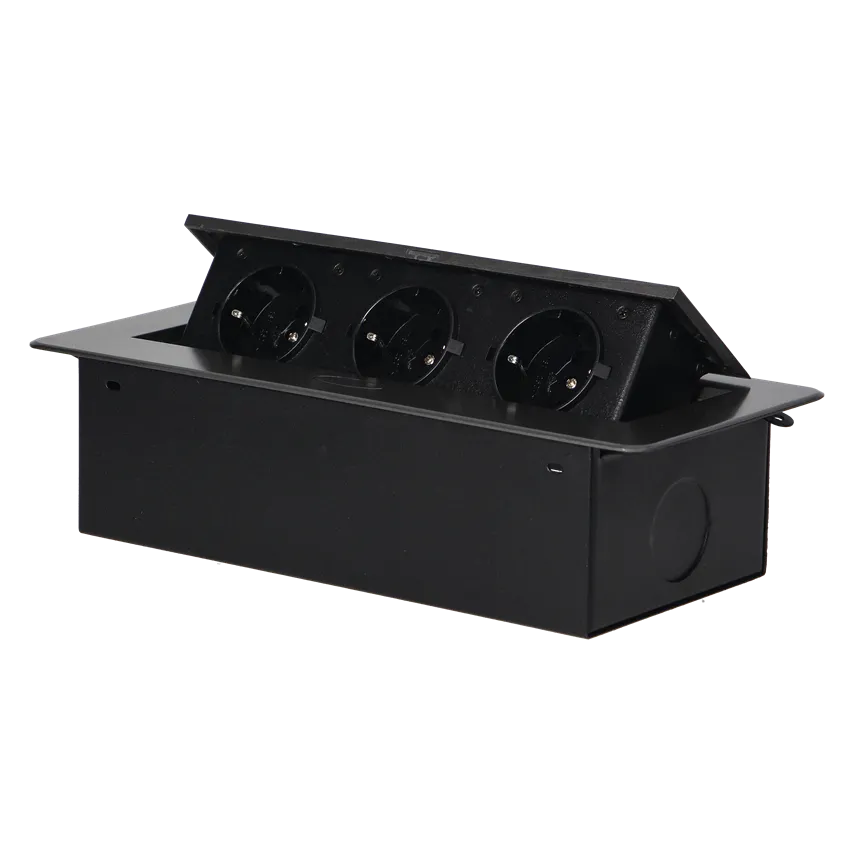 Unterputz-Möbeldose mit flachem, gefrästem Rand, 3x2P+Z (Schuko), graphit
