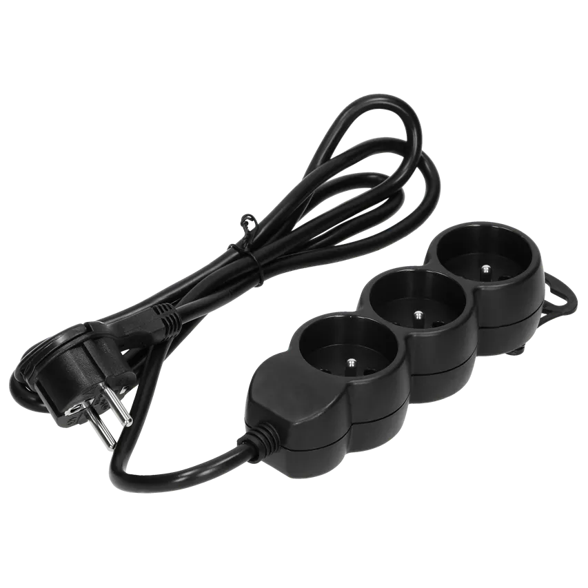 Verlängerungskabel 3-fach 2P+Z, 1,5m H05VV-F 3x1,0mm2 , Imax=10A, Flachstecker, schwarz