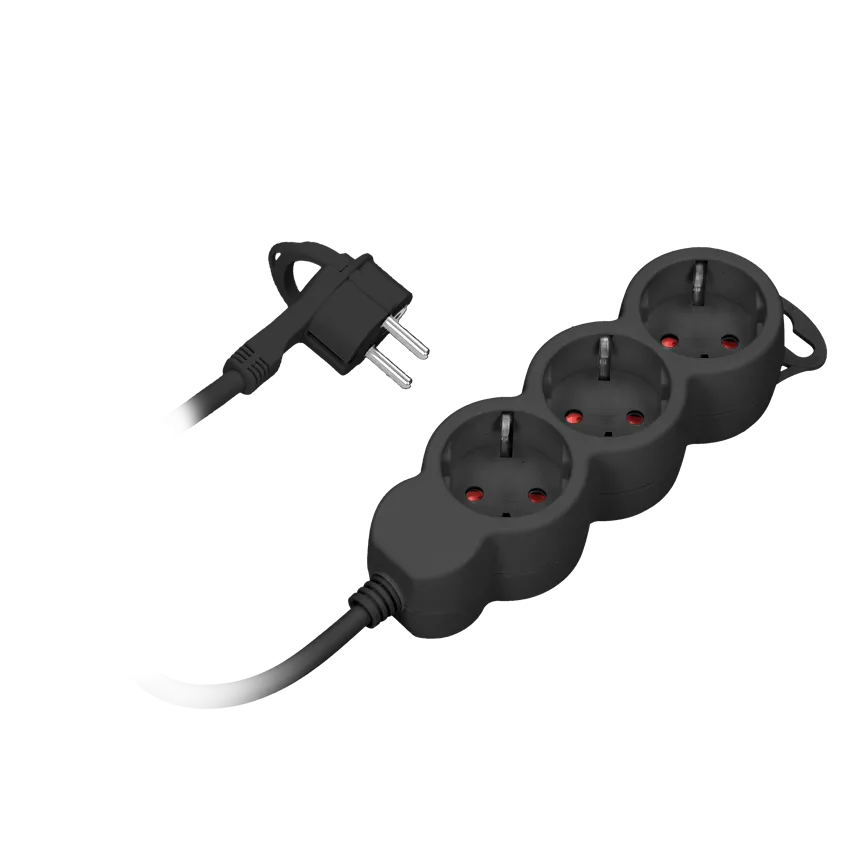 Verlängerungskabel 3fach 2P+Z (Schuko) , 3m H05VV-F 3x1,0mm2, Imax=10A, Flachstecker, schwarz