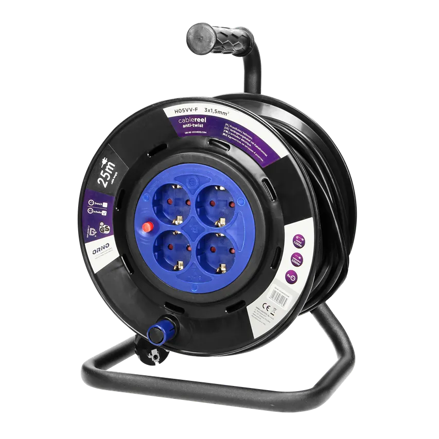 Verlängerungskabel, 4 Steckdosen 2P+Z (Schuko), PVC-Kabel H05VV-F 3x1,5mm2, Länge - 25m, FIXED Steckdosen, thermisch, Strompfadabdeckungen.