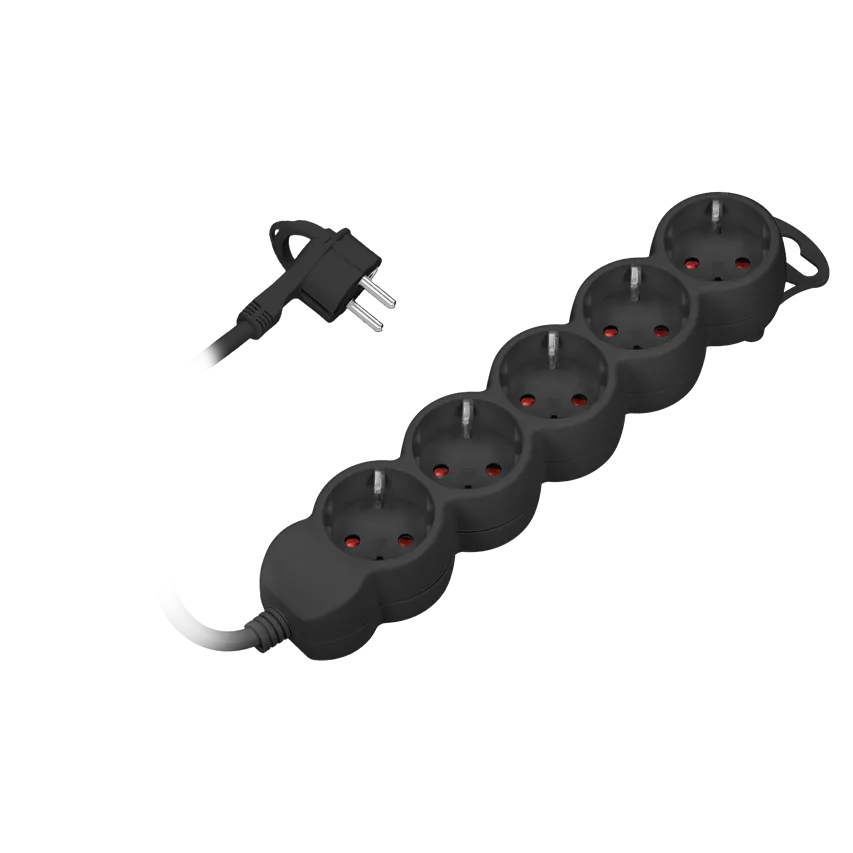 Verlängerungskabel 5fach 2P+Z (Schuko), 3m H05VV-F 3x1,0mm2, Imax=10A, Flachstecker, schwarz