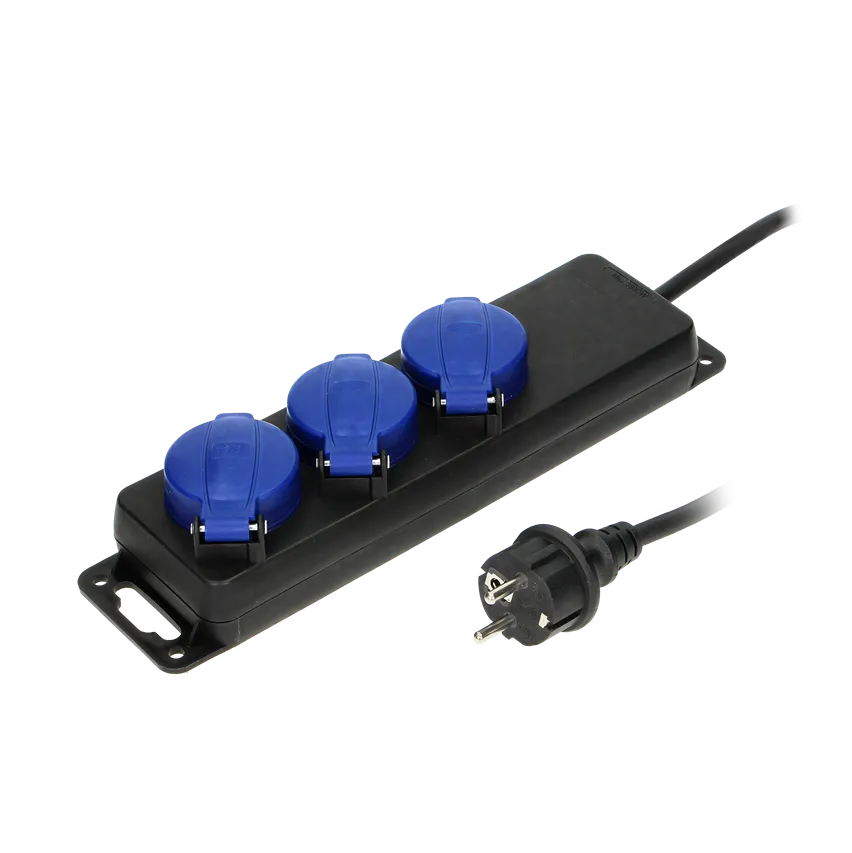 Verlängerungskabel IP44, 3 Steckdosen 2P+Z (Schuko) IP44, Gummikabel, H05RR-F 3x1.5mm2, Länge 3m
