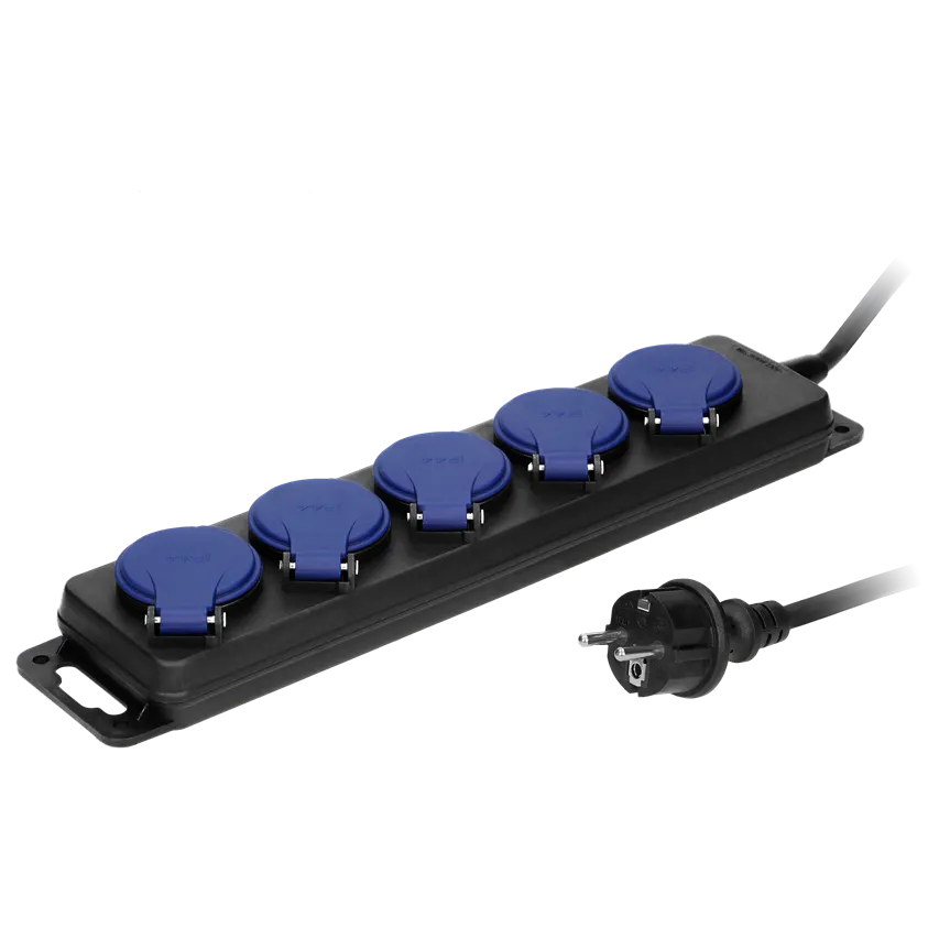 Verlängerungskabel IP44, 5 Steckdosen 2P+Z IP44, Gummikabel, H05RR-F 3x1.5mm2, Länge 5m