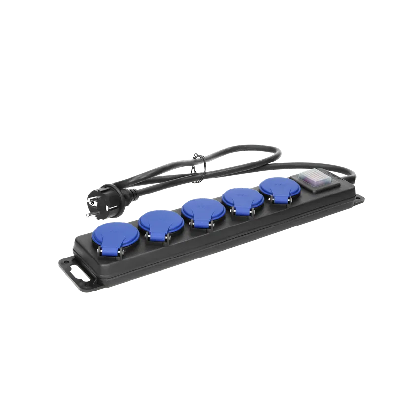 Verlängerungskabel für Werkstatt, spritzwassergeschützt mit Schalter, 5 Steckdosen 2P+Z, IP44, Gummikabel, H05RR-F 3x1.5mm2, Länge 5m