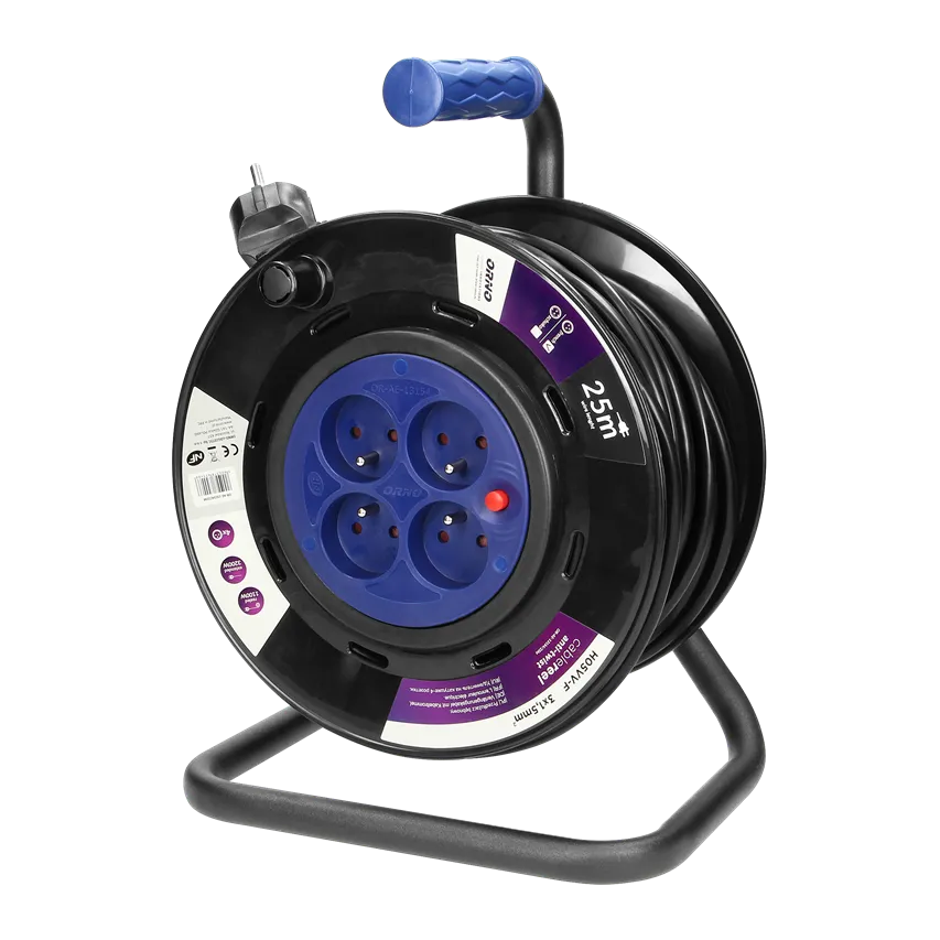 Verlängerungskabeltrommel, 4 Steckdosen 2P+Z, PVC-Kabel H05VV-F 3x1,5mm2, Länge 25m, FIXED-Steckdosen, thermisch, Stromwegabdeckung.