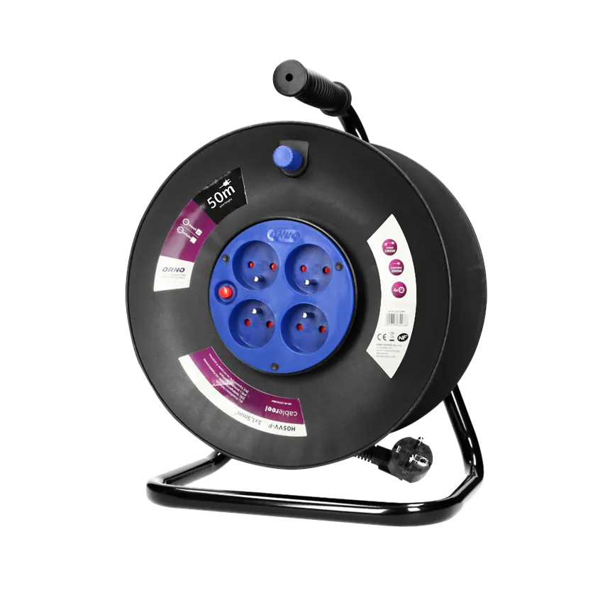 Verlängerungskabeltrommel, 4 Steckdosen 2P+Z, PVC-Kabel H05VV-F 3x1,5mm2, Länge 50m, thermisch, Stromkreis Jalousien.