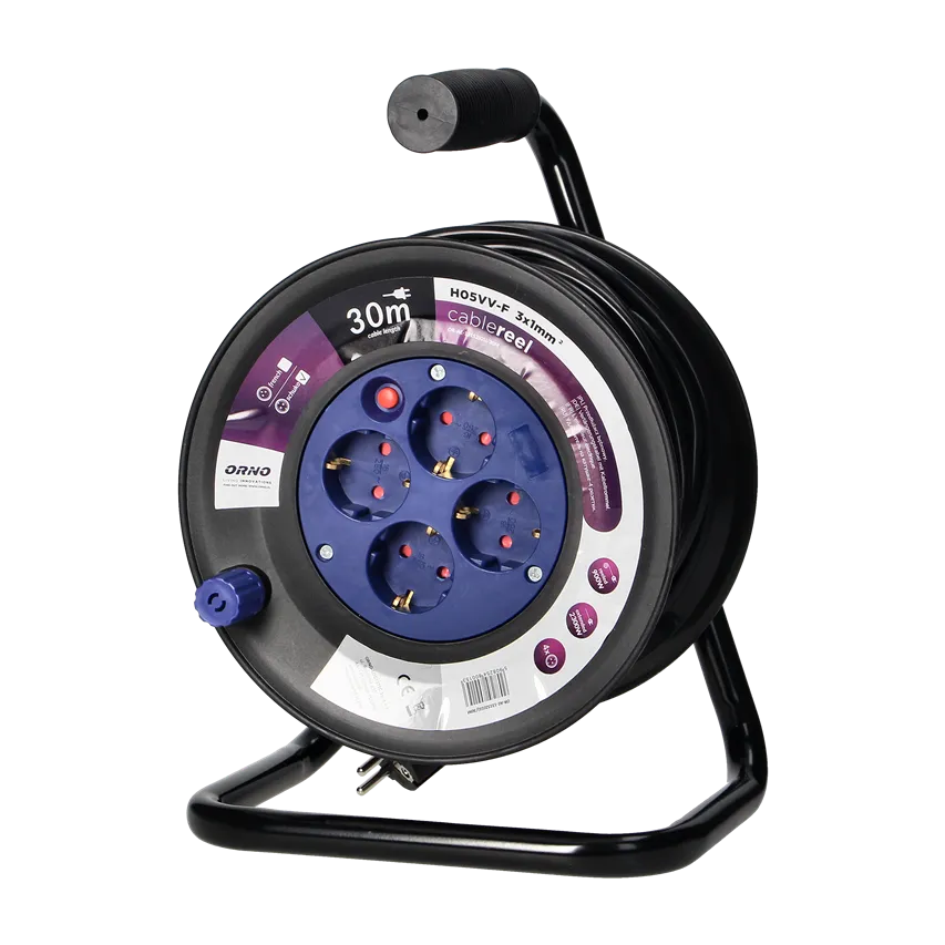 Verlängerungskabeltrommel, 4 Steckdosen 2P+Z (Schuko), PVC-Kabel H05VV-F 3x1,0mm2, Länge - 30m, Thermisch, Strompfadabschattung.