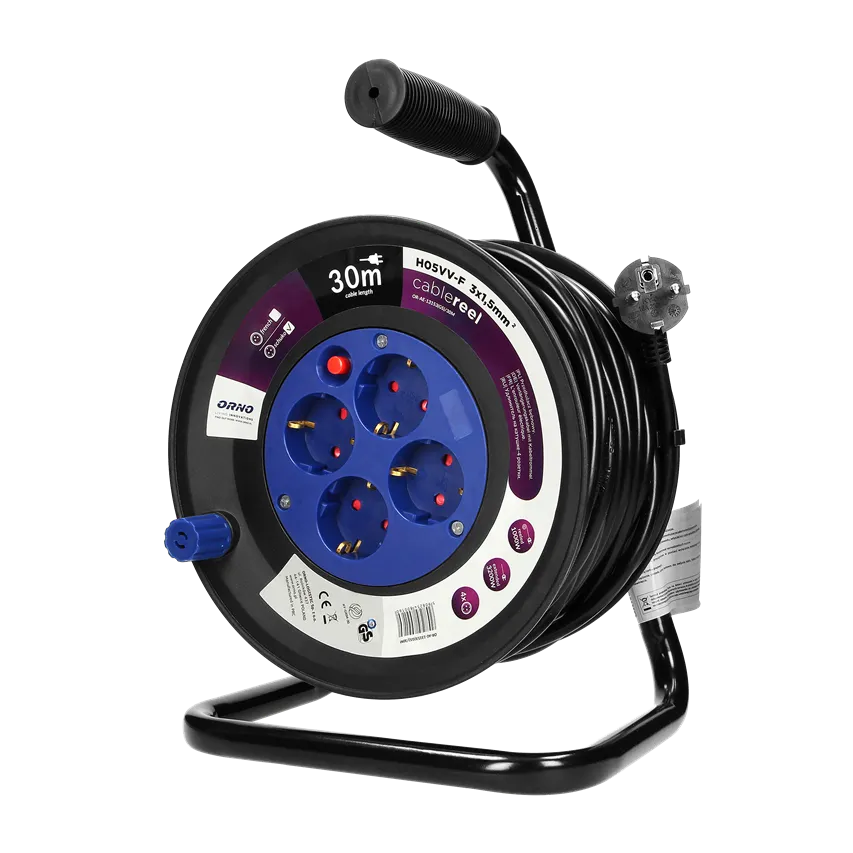 Verlängerungskabeltrommel, 4 Steckdosen 2P+Z (Schuko), PVC-Kabel H05VV-F 3x1,5mm2, Länge - 30m, Thermisch, Strompfadabschattung.