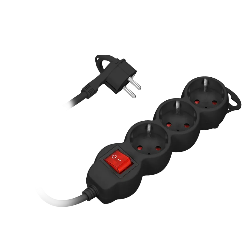 Verlängerungsleitung 3fach 2P+Z (Schuko), mit Schalter, 1,5m H05VV-F 3x1,0mm2, Imax=10A, Flachstecker, schwarz