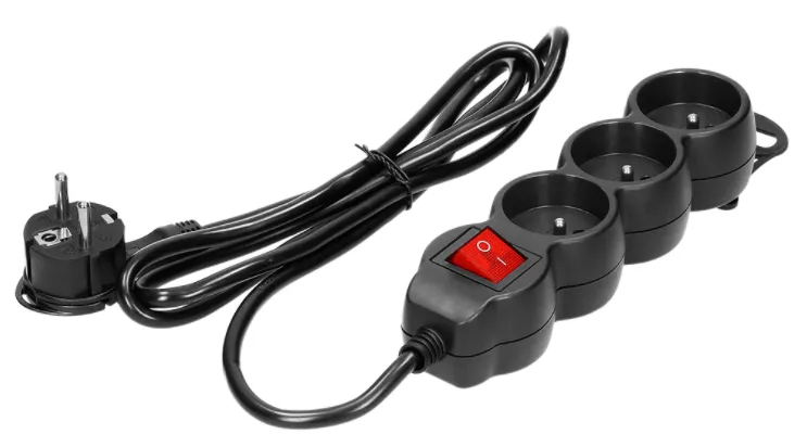 Verlängerungsleitung 3fach 2P+Z mit Schalter, 1,5m H05VV-F 3x1,0mm2, Imax=10A, Flachstecker, schwarz