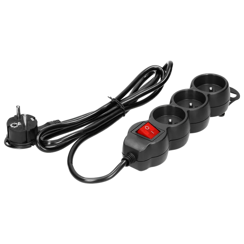 Verlängerungsleitung 3fach 2P+Z, mit Schalter, 3m H05VV-F 3x1,0mm2, Imax=10A, Flachstecker, schwarz