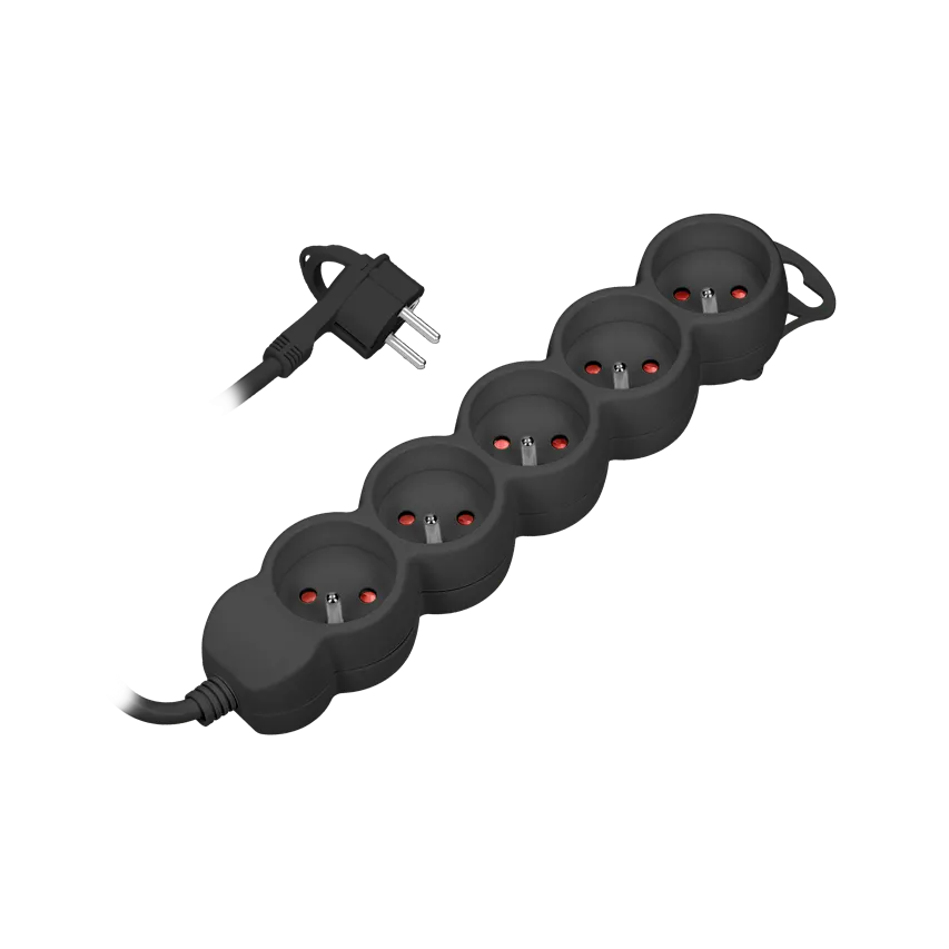 Verlängerungsleitung 5fach 2P+Z, 3m H05VV-F 3x1,0mm2, Imax=10A, Flachstecker, schwarz