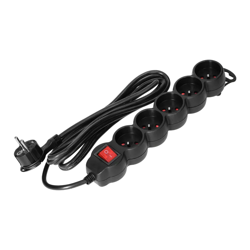 Verlängerungsleitung 5fach 2P+Z, mit Schalter, 3m H05VV-F 3x1,0mm2, Imax=10A, Flachstecker, schwarz