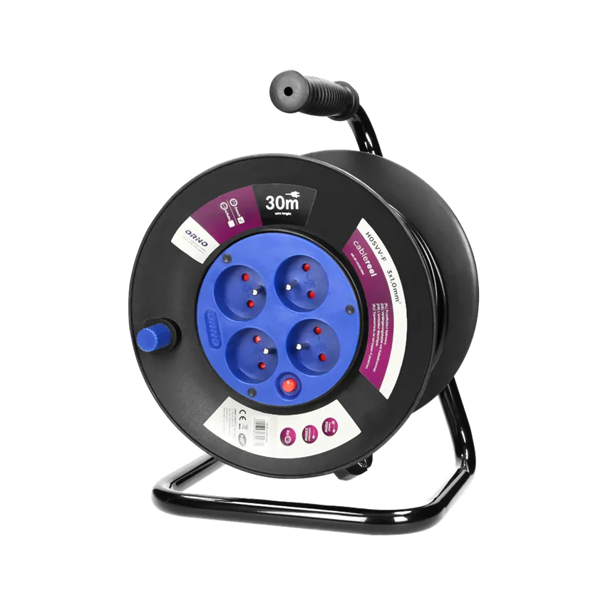 Verlängerungsleitungstrommel, 4 Steckdosen 2P+Z, PVC-Kabel H05VV-F 3x1,0mm2, Länge 30m, thermisch, Strompfadabdeckung.