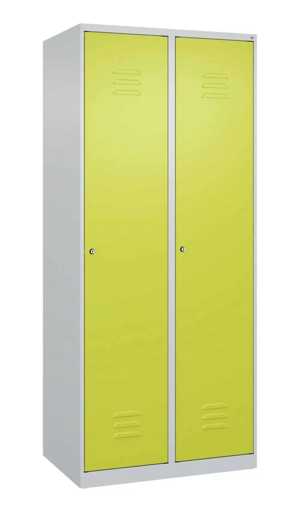 C+P Aufbewahrungsspind Classic PLUS  | 2 Abteile mit je 4 Fachböden | HxBxT 185x80x50cm | Zylinderschloss | Stahl | Lichtgrau/Clowngrün