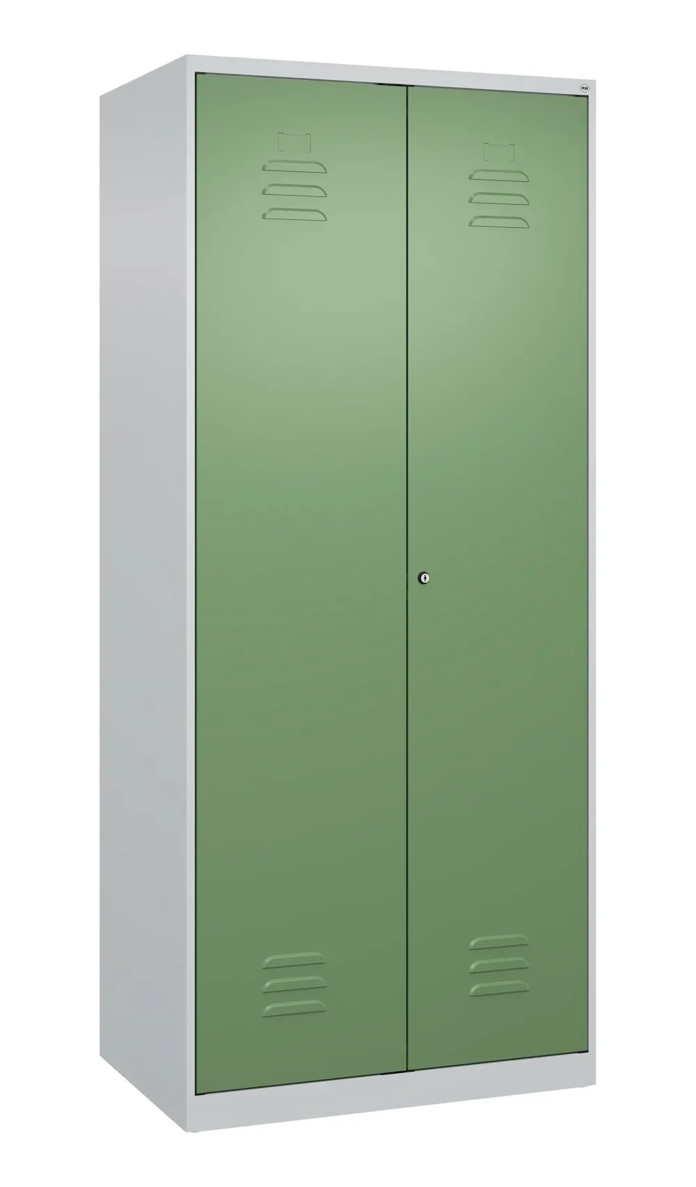 C+P Aufbewahrungs Doppel-Spind Classic PLUS | 2 Abteile mit verkürzte Mitteltrennwand & 4 Fachböden | HxBxT 185x80x50cm | Zylinderschloss | Stahl | Lichtgrau/Resedagrün