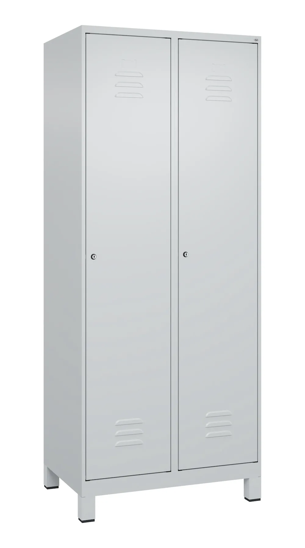 C+P Aufbewahrungsspind Classic PLUS mit Füßen | 2 Abteile mit je 4 Fachböden | HxBxT 195x80x50cm | Zylinderschloss | Stahl | Lichtgrau/Lichtgrau