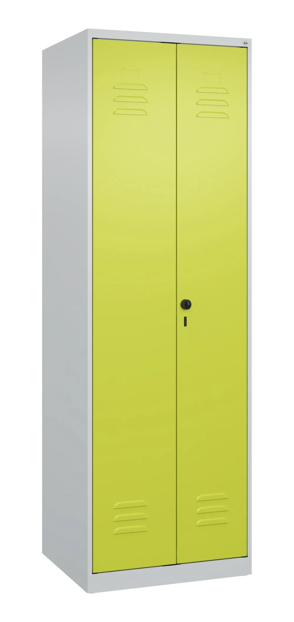 C+P Aufbewahrungs Doppel-Spind Classic PLUS  | 2 Abteile mit verkürzte Mitteltrennwand & 4 Fachböden | HxBxT 185x60x50cm | Sicherheits-Drehriegel | Stahl | Lichtgrau/Clowngrün