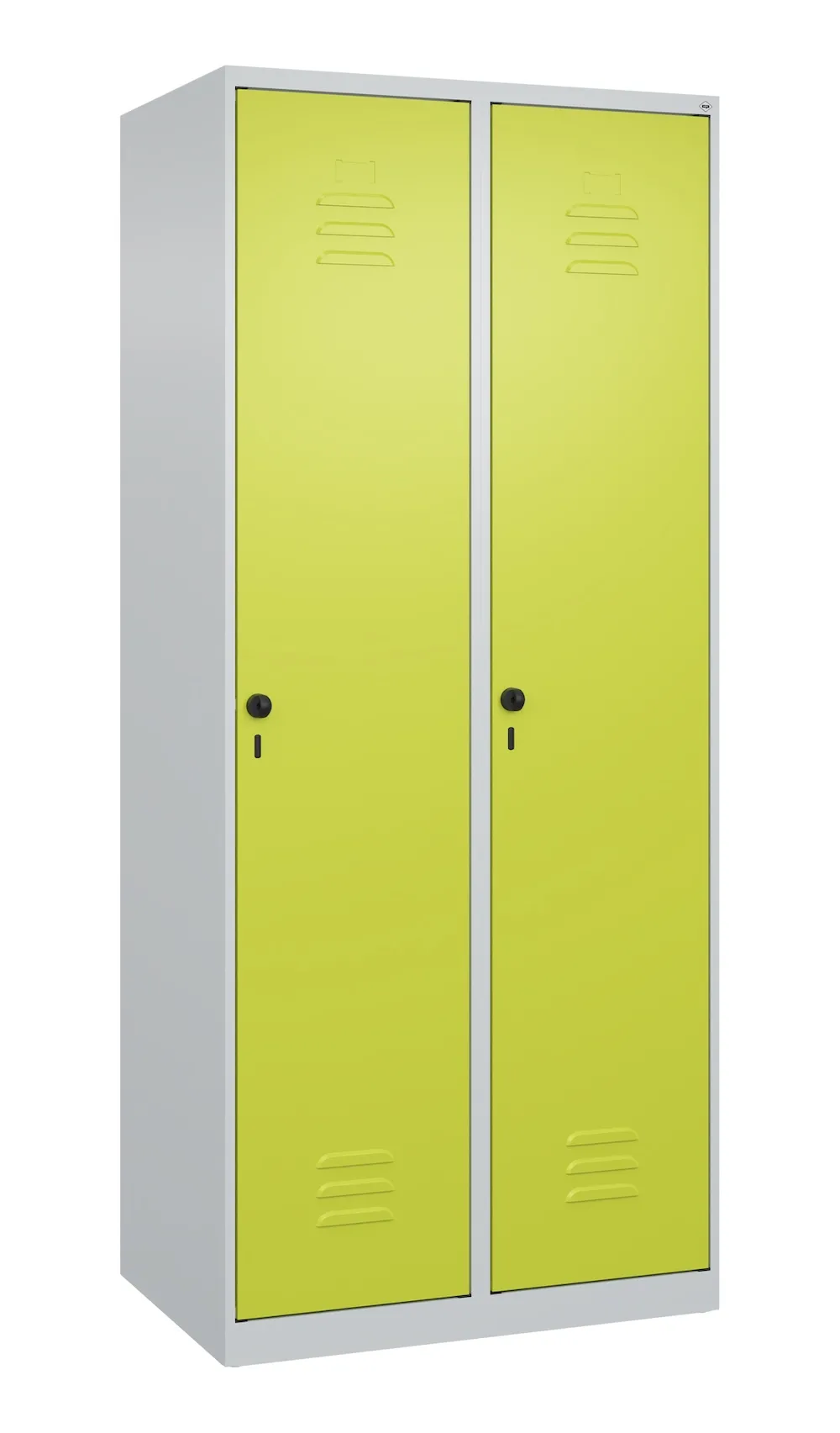 C+P Aufbewahrungsspind Classic PLUS  | 2 Abteile mit je 4 Fachböden | HxBxT 185x80x50cm | Sicherheits-Drehriegel | Stahl | Lichtgrau/Clowngrün