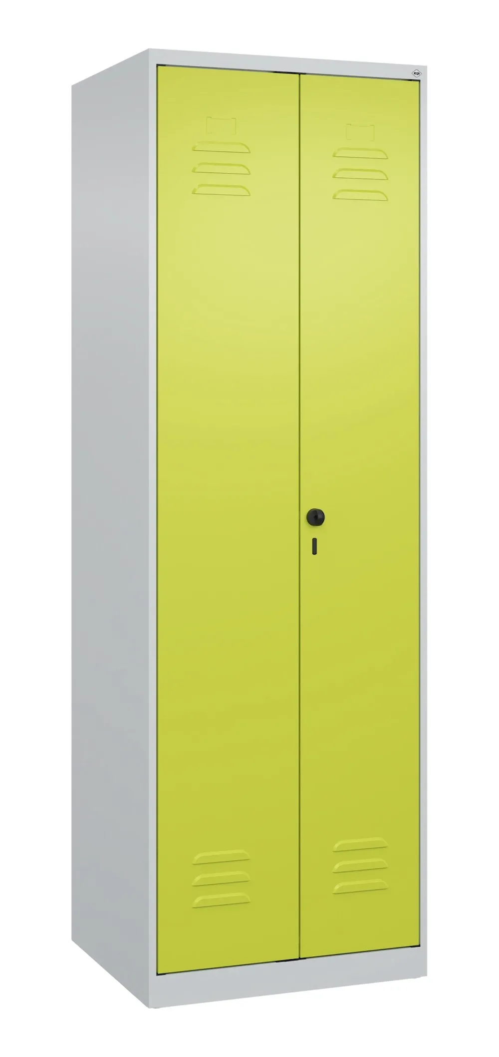 C+P Aufbewahrungs Doppel-Spind Classic PLUS | 2 Abteile mit Mitteltrennwand & 5 Fachböden | HxBxT 185x60x50cm | Sicherheits-Drehriegel | Stahl | Lichtgrau/Clowngrün