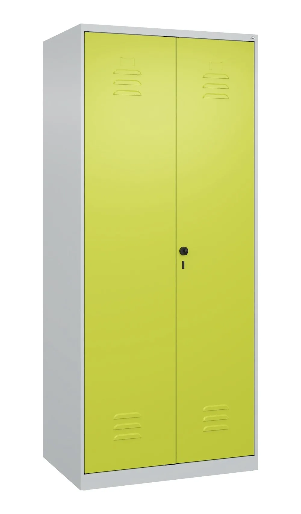 C+P Aufbewahrungs Doppel-Spind Classic PLUS  | 2 Abteile mit verkürzte Mitteltrennwand & 4 Fachböden | HxBxT 185x80x50cm | Sicherheits-Drehriegel | Stahl | Lichtgrau/Clowngrün