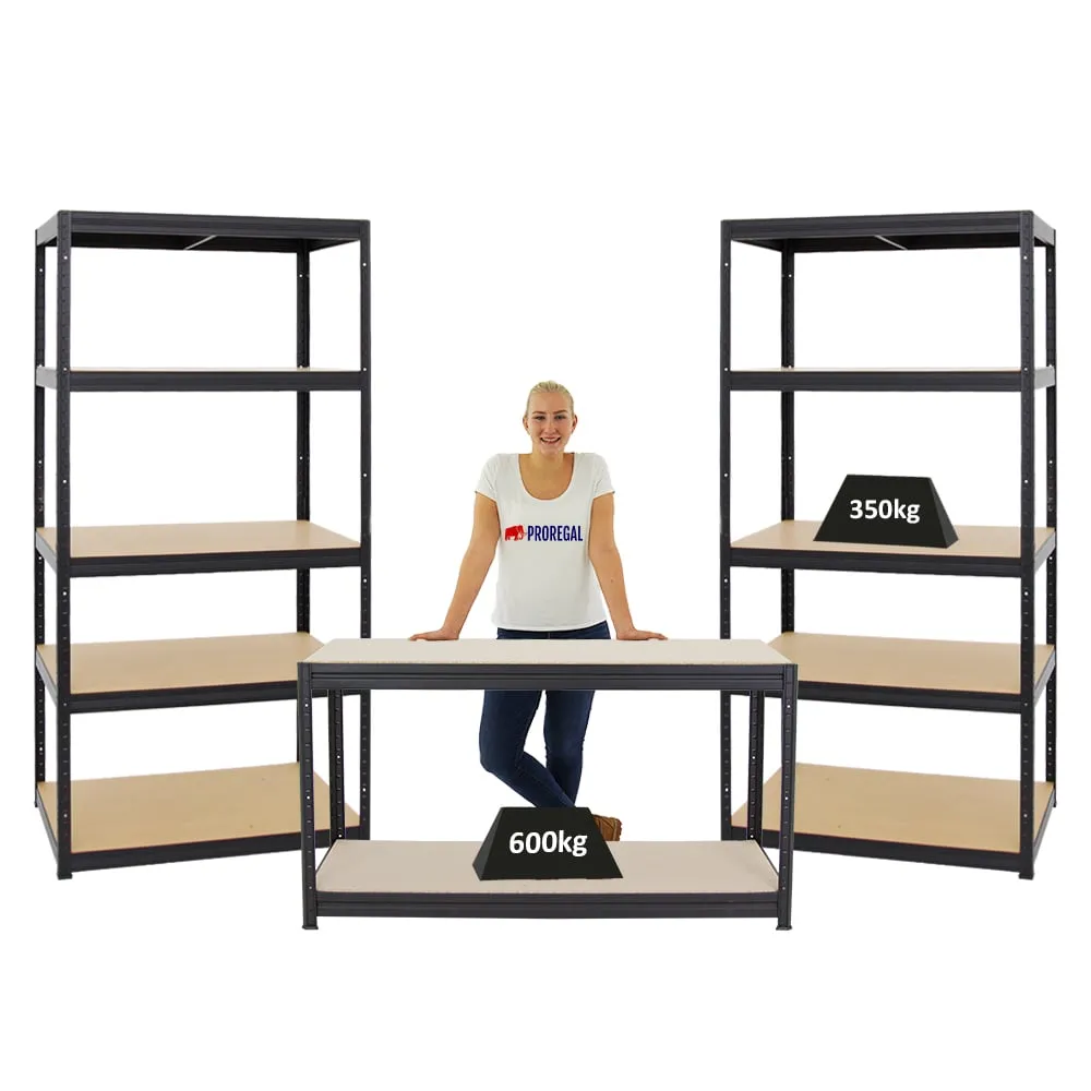 Mega Deal | 2x Schwerlastregal Slim Elephant M & 1x Höhenverstellbare Werkbank Big DINO | Fachlast bis zu 600kg | Schwarz