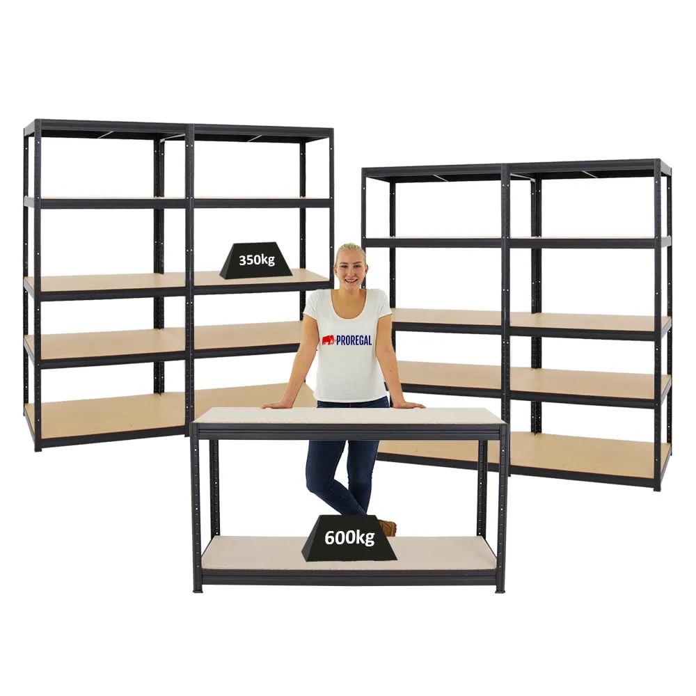 Mega Deal | 4x Schwerlastregal Slim Elephant M & 1x Höhenverstellbare Werkbank Big DINO | Fachlast bis zu 600kg | Schwarz