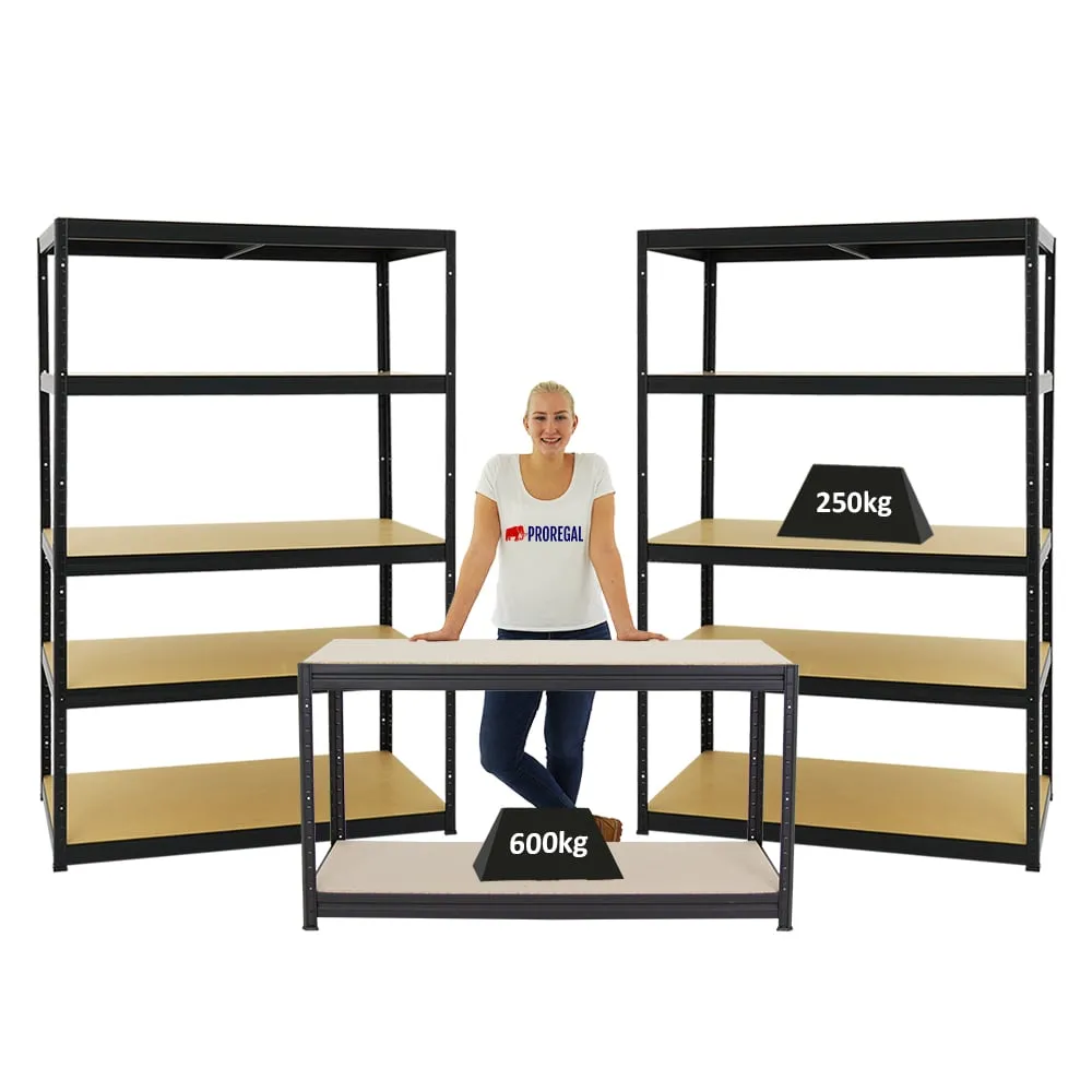 Mega Deal | 2x Schwerlastregal Big Elephant M & 1x Höhenverstellbare Werkbank Big DINO| Fachlast bis zu 600kg | Schwarz