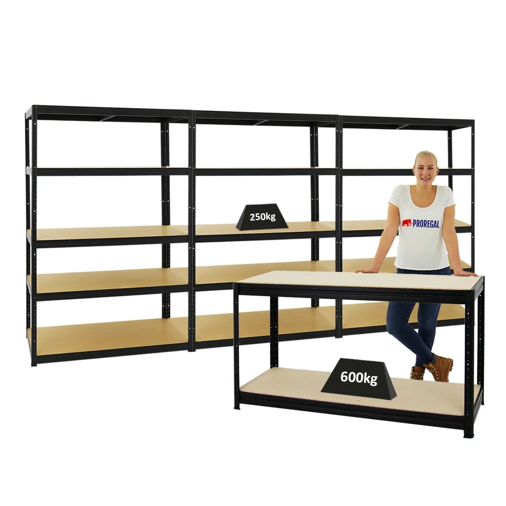 Mega Deal | 3x Schwerlastregal Big Elephant M & 1x Höhenverstellbare Werkbank Big DINO| Fachlast bis zu 600kg | Schwarz