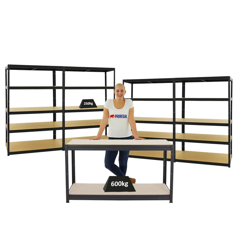 Mega Deal | 4x Schwerlastregal Big Elephant M & 1x Höhenverstellbare Werkbank Big DINO| Fachlast bis zu 600kg | Schwarz