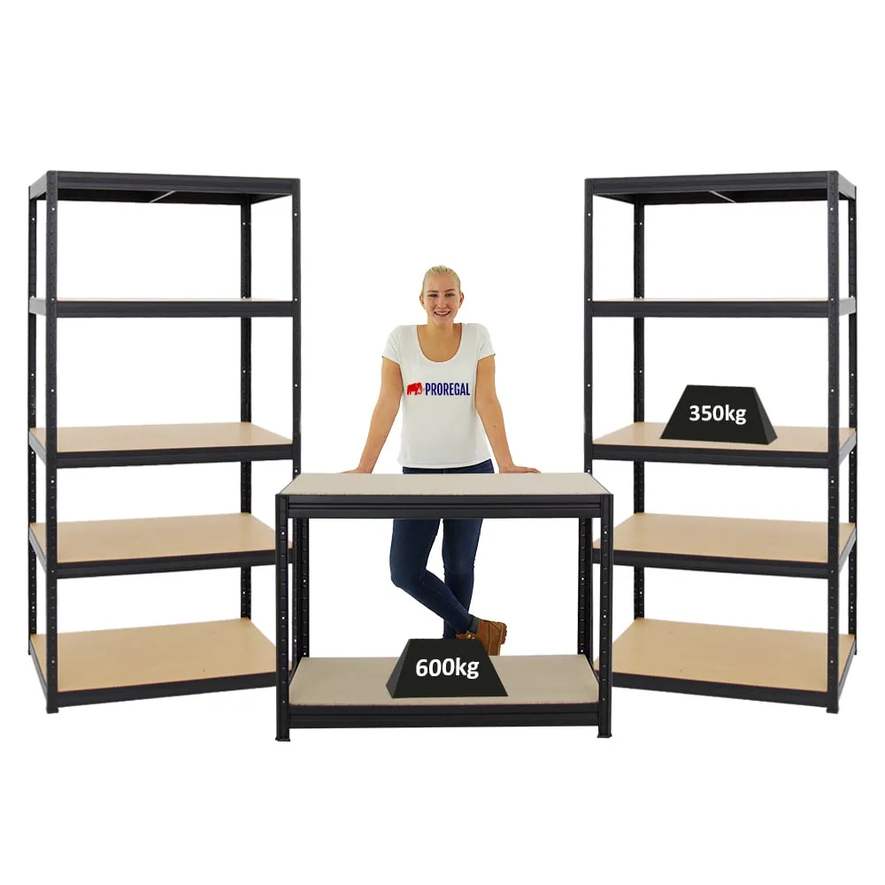 Mega Deal | 2x Schwerlastregal Slim Elephant M & 1x Höhenverstellbare Werkbank Slim DINO | Fachlast bis zu 600kg | Schwarz