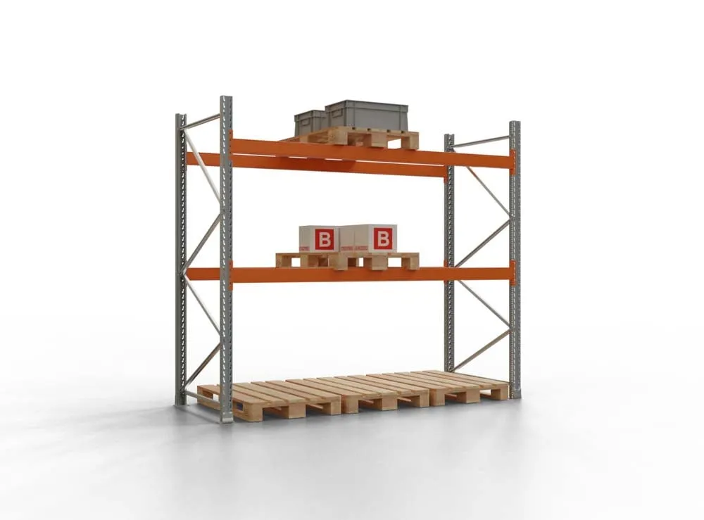 Palettenregal TAURUS | Grundregal | Low | HxBxT 250x270x110cm | Fachlast 2000kg | 2 Ebenen | Silbergrau/Reinorange