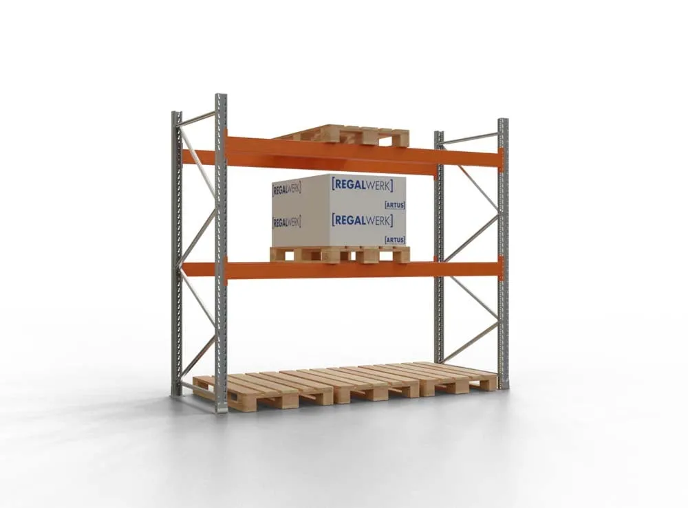 Palettenregal TAURUS | Grundregal | Low | HxBxT 250x270x110cm | Fachlast 3000kg | 2 Ebenen | Silbergrau/Reinorange