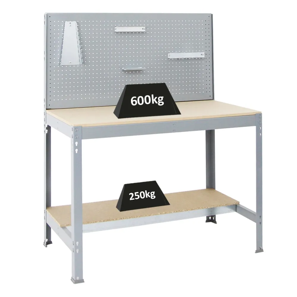 Werkbank QUICK-BUFFALO mit Werkzeugwand + Zubehör Alpha | HxBxT 84x120x61cm | Traglast 600kg | Grau