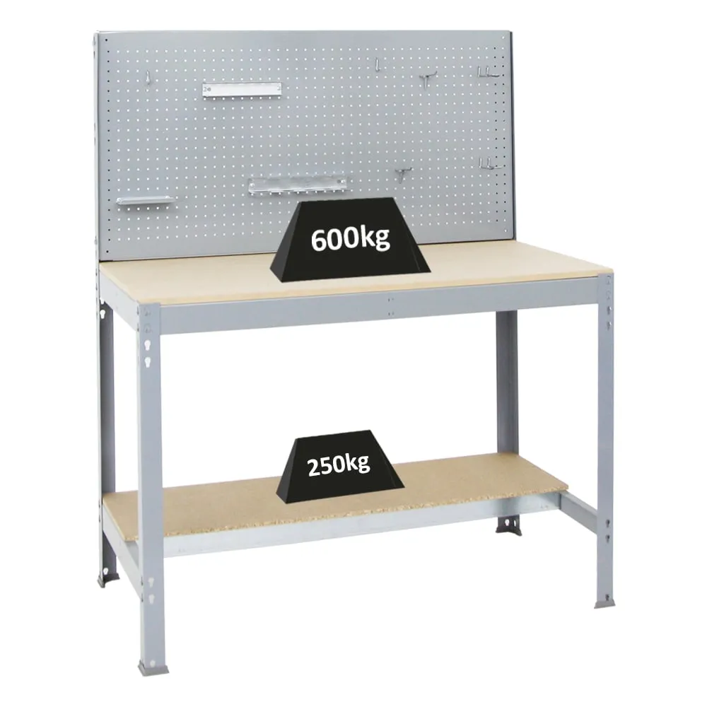 Werkbank QUICK-BUFFALO mit Werkzeugwand + Zubehör Beta | HxBxT 84x120x61cm | Traglast 600kg | Grau
